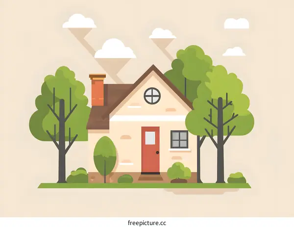 Simple Illustration of a Small House with Trees and Clouds