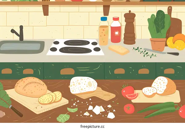 Kitchen Countertop Illustration with Bread, Tomatoes, and Other Ingredients