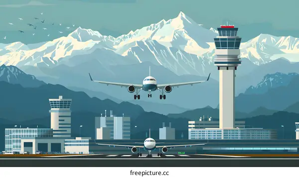 Airport in Mountains with Two Airplanes