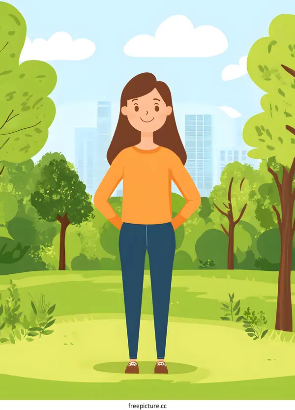 Smiling Woman Standing in a Park with Green Trees