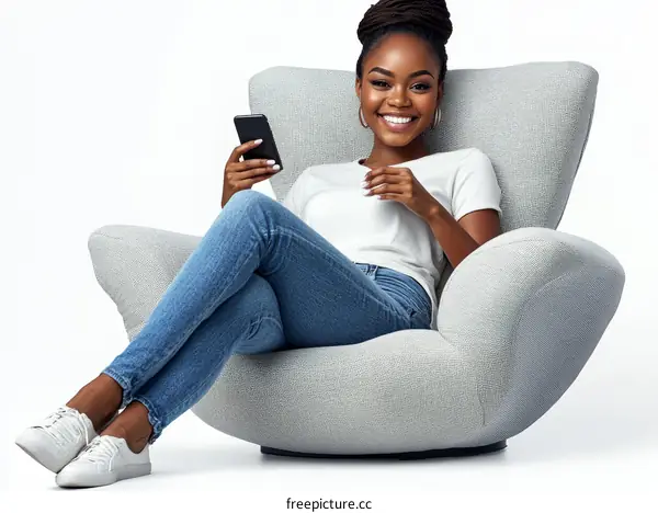 Woman Relaxing in Modern Armchair with Smartphone