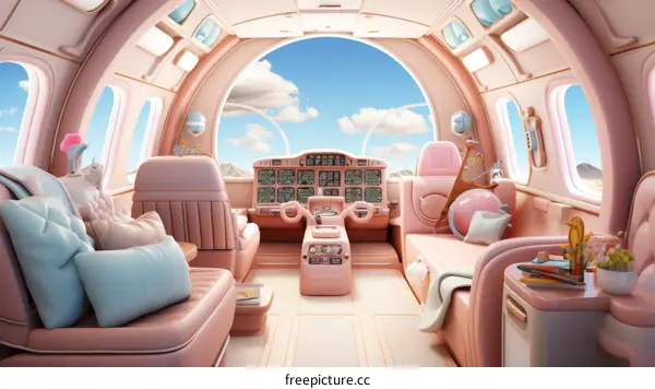 A pink cartoon airplane cabin with a large window