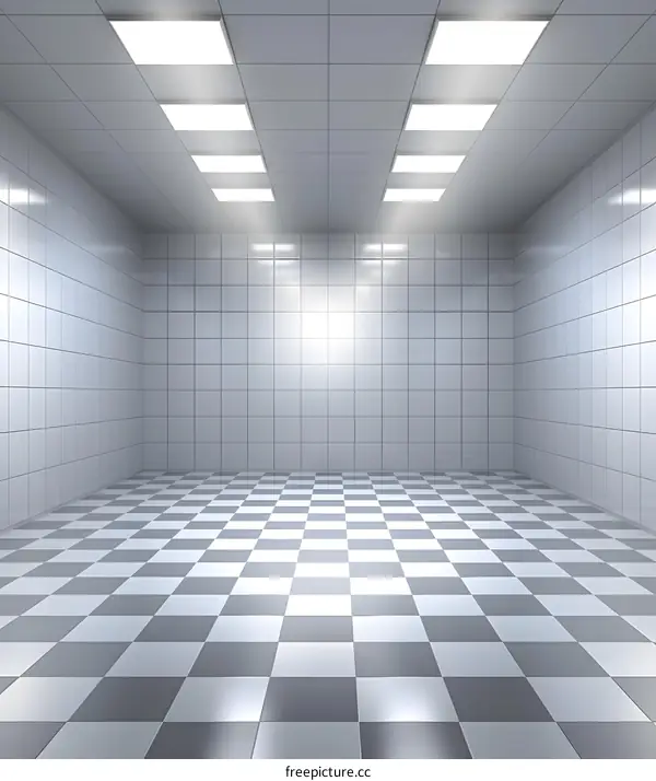 Empty White Room with Checkered Floor and Ceiling Lights