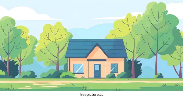 Cartoon Illustration of a Small House in a Forest