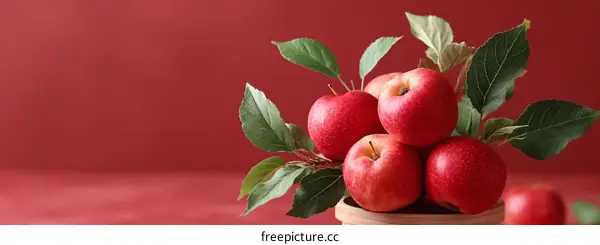 Fresh Red Apples in Wooden Bowl against Red Background