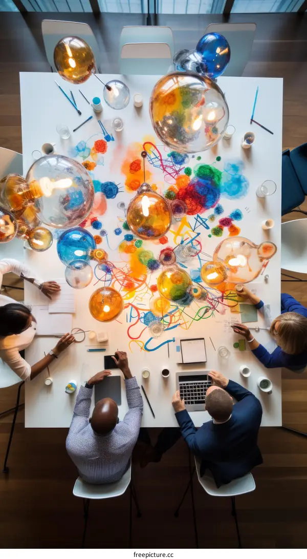 Top view of a diverse group of business professionals having a brainstorming session in an office decorated with colorful light bulbs and artwork