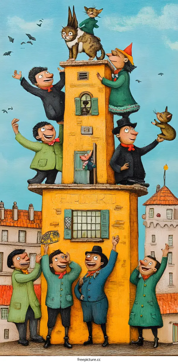 People On The Roof of Yellow Building with Cats