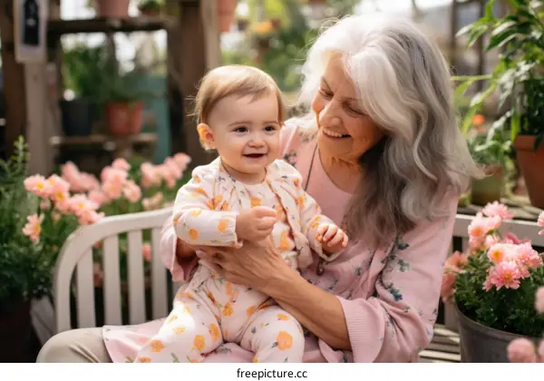 grandmother smiling while holding her granddaughter in a garden