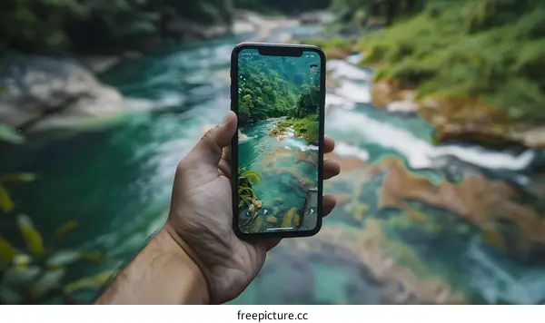 Hand Holding Phone With River Scene