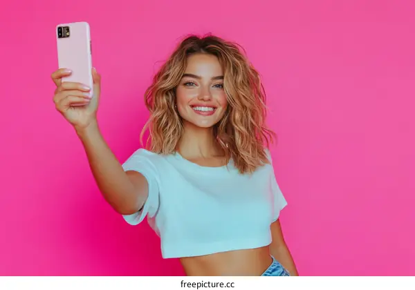 Stylish Woman Taking Selfie Against Vibrant Pink Background