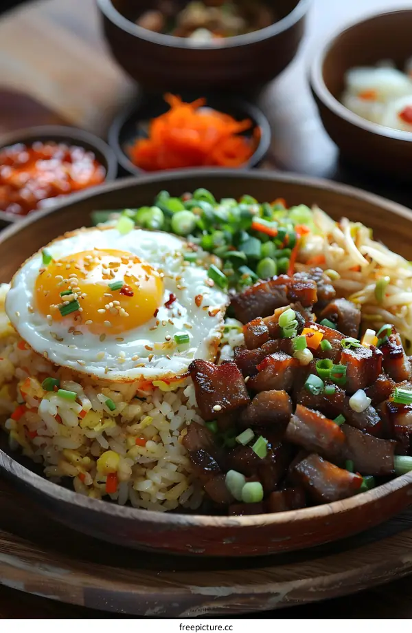 Fried Rice with Pork, Egg, and Vegetables in Wooden Bowl