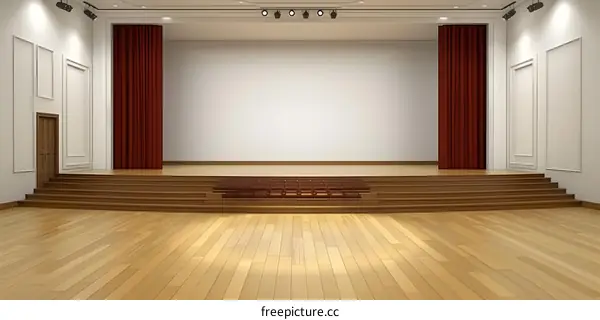 Empty Stage with Red Curtains and Wooden Floor