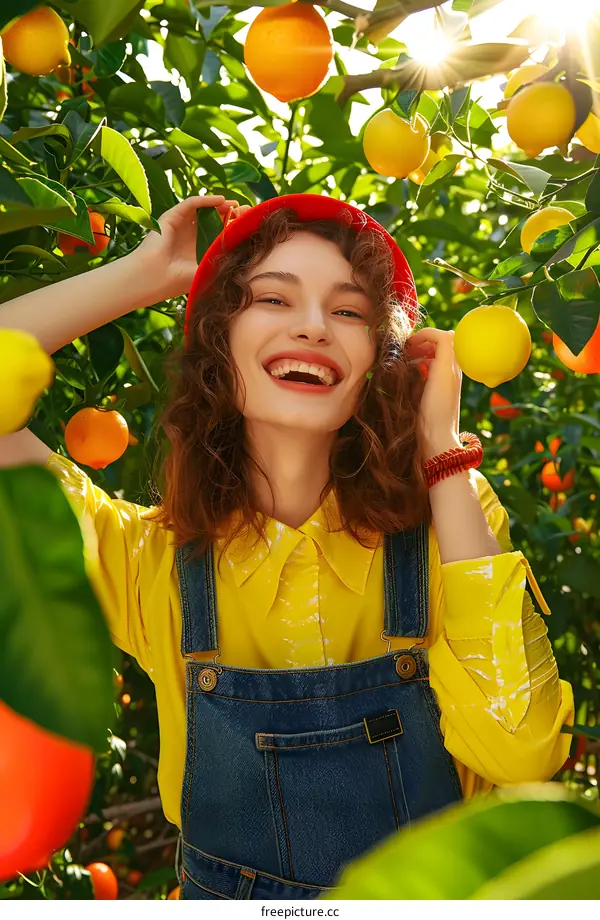 Woman in Yellow Shirt Smiling in Citrus Orchard