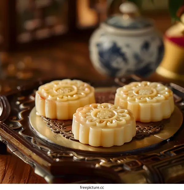 Closeup of Three Delicious Chinese Mooncakes on a Wooden Tray