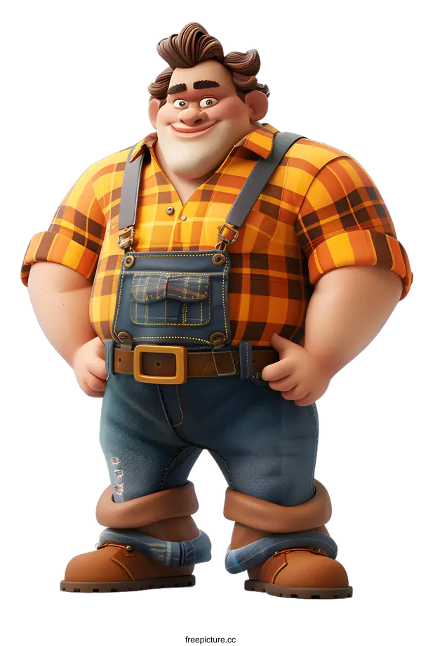 [Transparent Background PNG]Cartoon Illustration of a Smiling Man Wearing a Plaid Shirt and Overalls