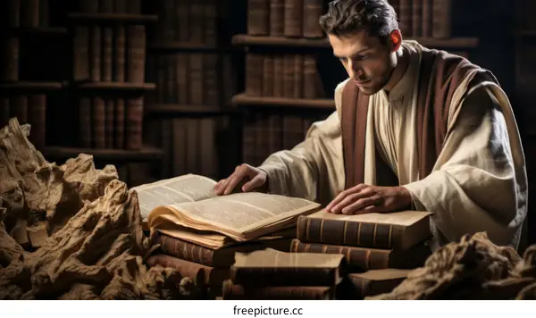 A scholar is reading a book in a library.