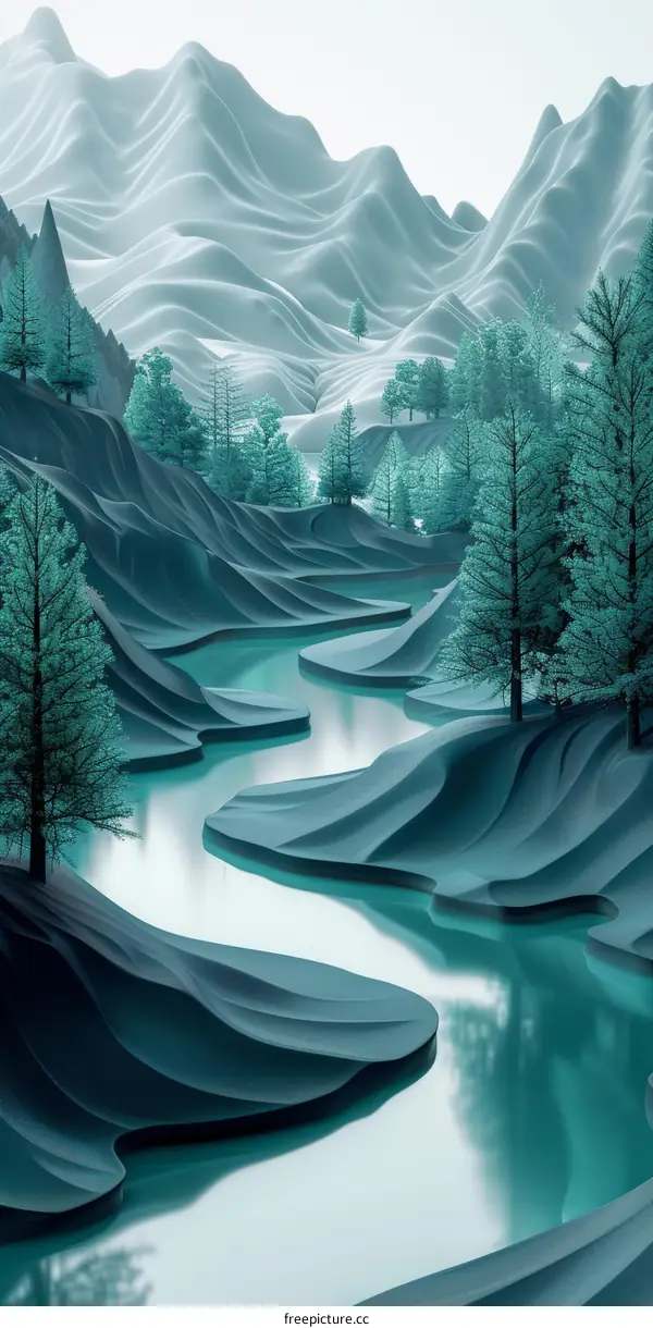 Turquoise River Winding Through a Snowy Mountain Valley