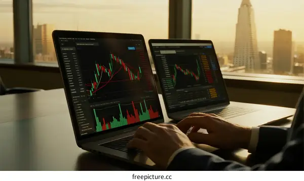 Business Person Analyzing Stock Market Charts on Laptops