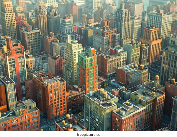 A bustling metropolis with towering skyscrapers and urban life