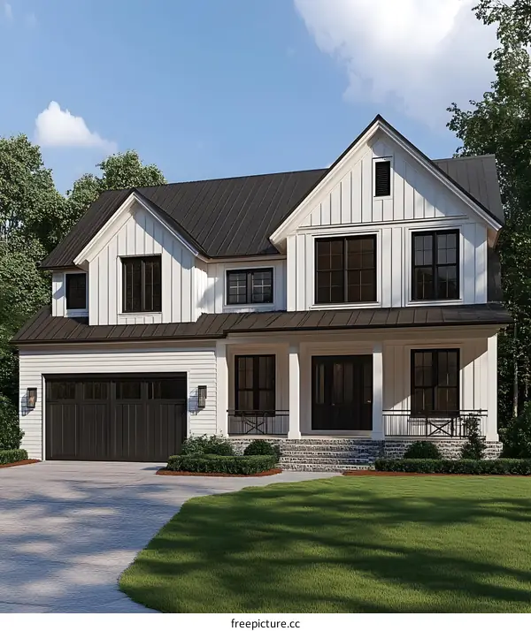 Modern Farmhouse with Black Windows and Garage