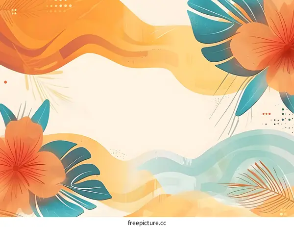 Abstract Summer Floral Illustration With Wavy Lines and Floral Elements