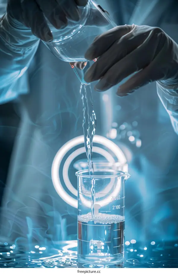 Chemist pouring liquid from one glass beaker to another