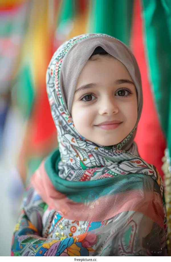 A young girl wearing a hijab smiles at the camera.