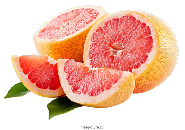 [Transparent Background PNG]Fresh Juicy Grapefruit Slices with Green Leaves on White Background