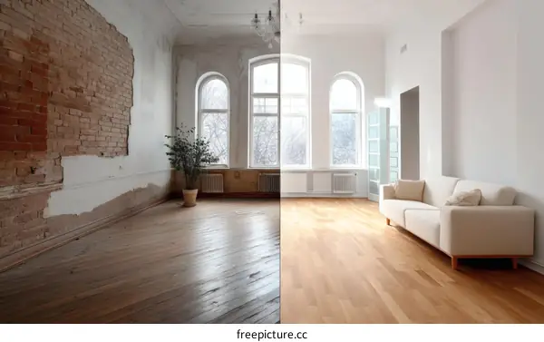 Before and After Renovation of a Room with Brick Wall