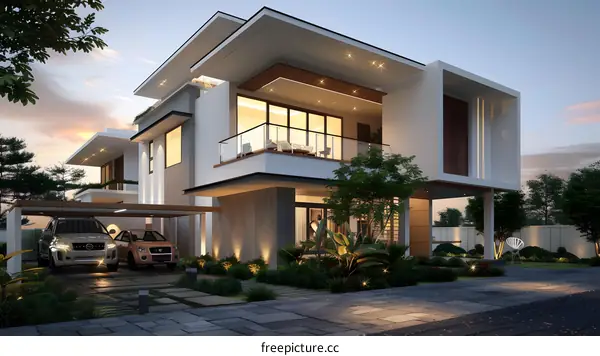 Modern Minimalist House Design with Balconies and Landscaping