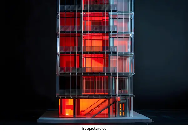 Modern Glass Building Architectural Model with Red Lighting