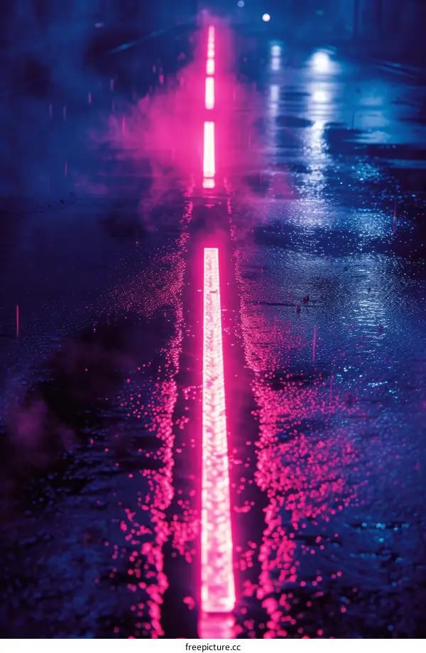 A dark and rainy street with a glowing pink line down the middle