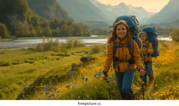 Two young women hiking in the mountains