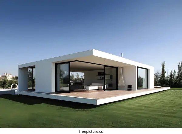 Modern Minimalist White House With Large Windows And A Patio