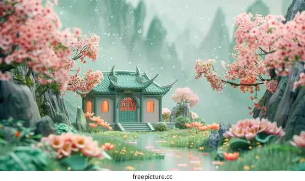 Tranquil Chinese House in a Garden with Cherry Blossoms and a Pond