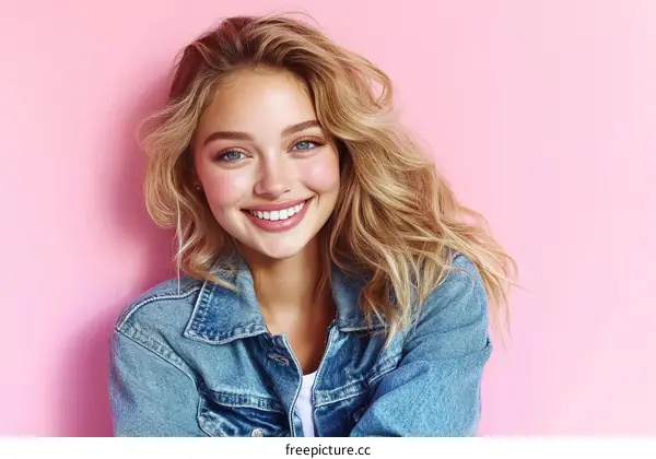 Smiling Woman in Denim Jacket against Pink Background