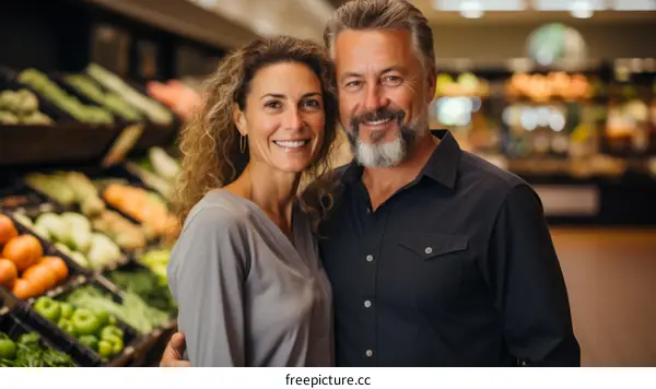 Happy couple shopping for groceries together