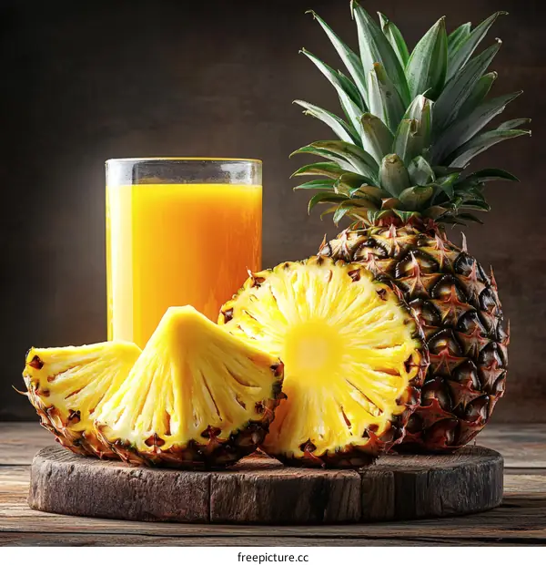 Fresh Pineapple Juice and Slices on Wooden Board