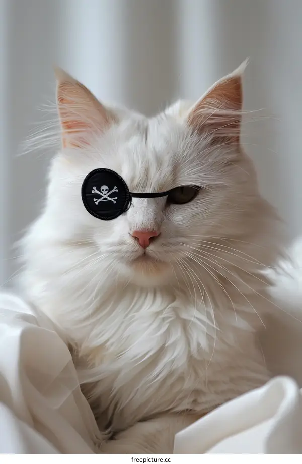 A white cat wearing an eye patch with a skull and crossbones on it