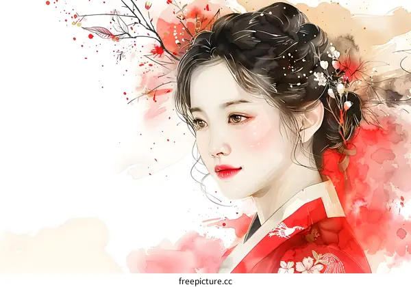 A beautiful Korean woman in traditional dress with a red background