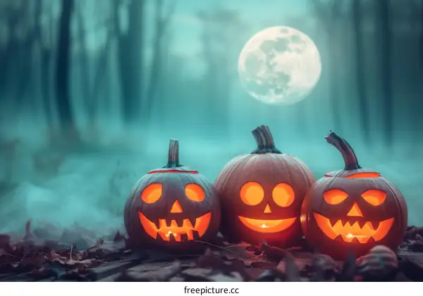 Three Halloween pumpkins in a spooky forest at night