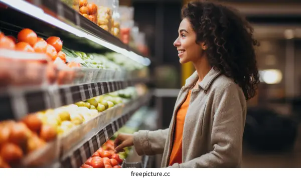 A young woman is shopping for groceries in a supermarket.