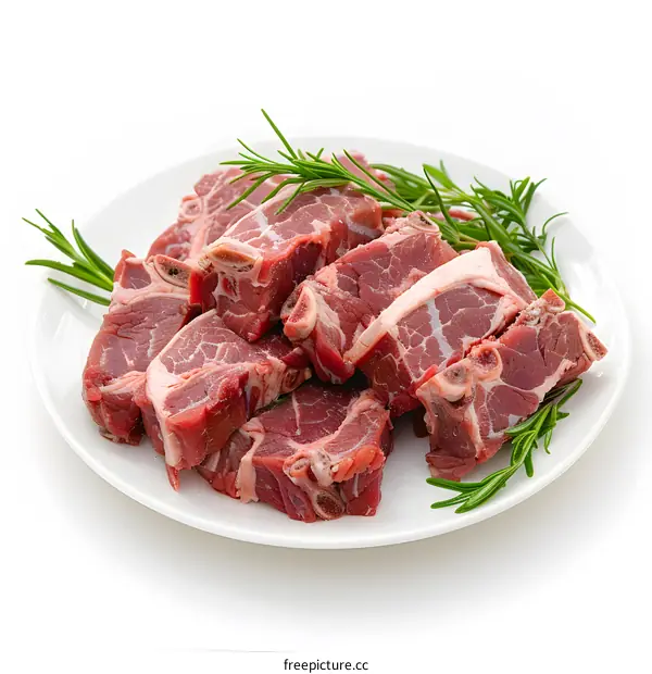 Raw lamb chops with rosemary on a white plate