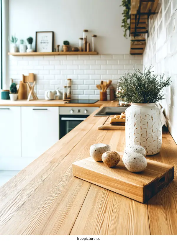 Cozy Modern Kitchen with Wooden Cabinets and White Tiles