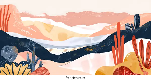 Abstract Mountain Landscape Illustration With Cactus