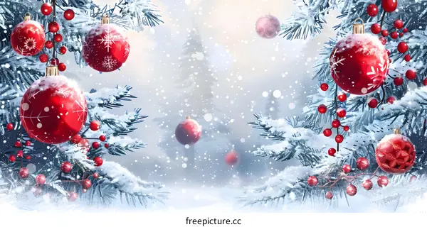 Christmas Tree With Red Ornaments And Snow