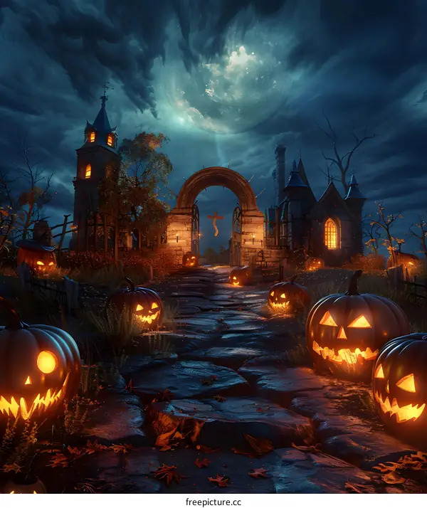 Halloween pumpkins in front of a spooky haunted house