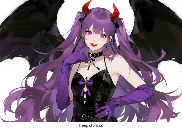 Anime girl with purple hair and black devil wings