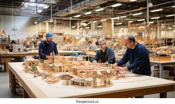 Three men building an architectural model of a city