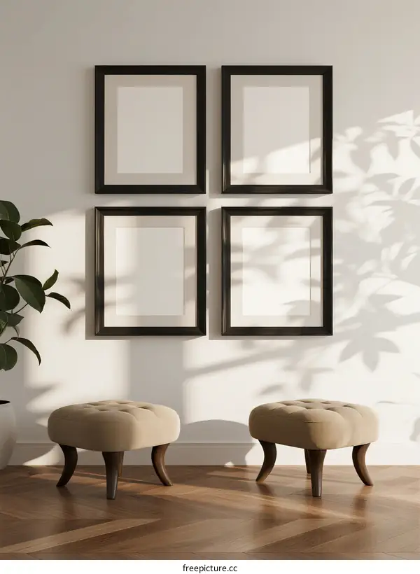 Four empty picture frames on white wall with two beige ottomans